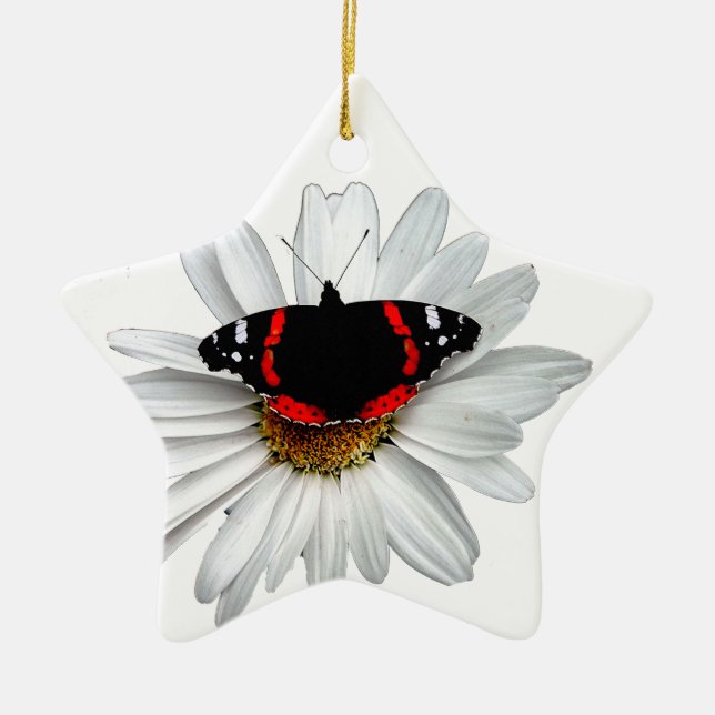 Roter Admiral Schmetterling auf Blume Keramik Ornament (Vorne)