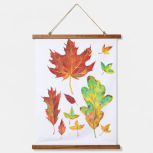 Roter Ahorn und goldene Eichenblätter Herbst-Aquar Wandteppich Mit Holzrahmen