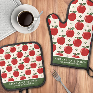 Roter Apfel Muster Personalisierter Name Ofenhandschuh & Topflappen-Set