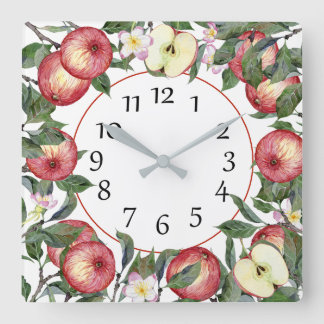 Roter Apple blüht grüne Blätter Wall Clock Quadratische Wanduhr
