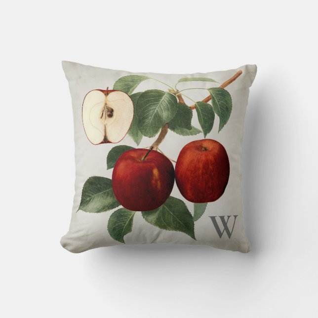 Roter Apple botanischer Watercolor-mit Monogramm Kissen (Vorderseite)