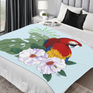 Roter Ara Papagei Tropischer Weißer Hibiskus Blume Fleecedecke
