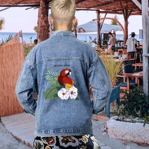 Roter Ara Papagei Tropischer Weißer Hibiskus Flora Jeansjacke