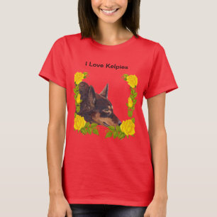 Roter australischer Kelpie auf gelben Rosen T-Shirt