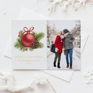 Roter Ball Foto Wasserfarbe Weihnachten Folien Feiertagspostkarte