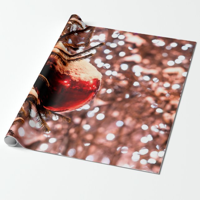 Roter Ball, weiße Lichter, Schnee Geschenkpapier (Ungerollt)