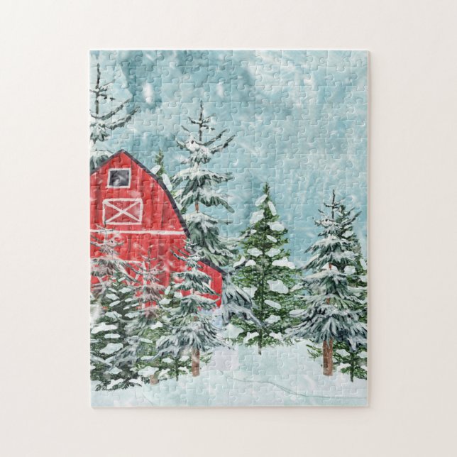 Roter Barn Bäume Schnee Winterlandschaft Puzzle (Vertikal)