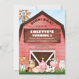 Roter Barn Oink Baa Moo Landtiere Geburtstag Einladung