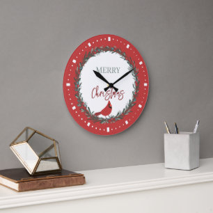 Roter Beerenkranz und Roter Kardinal Weihnachten Große Wanduhr