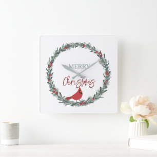 Roter Beerenkranz und Roter Kardinal Weihnachten Quadratische Wanduhr