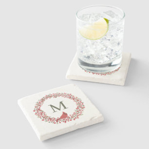 Roter Beerenkranz und rotes Kardinalmonogramm Steinuntersetzer