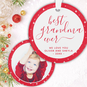 Roter Best Grandma Ever Schrift Sterne Foto auf de Ornament