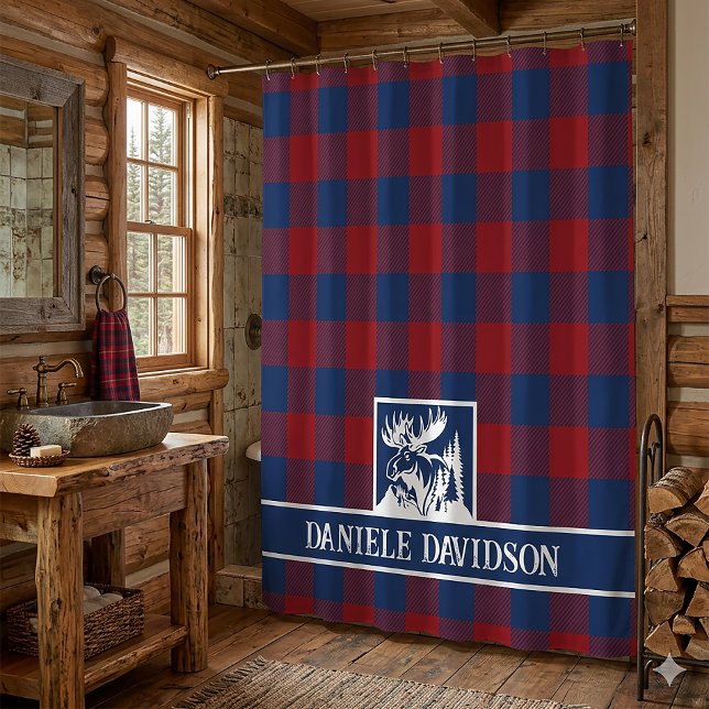 Roter Blau Büffel Karo Rustikal Elch Monogramm Duschvorhang (Red Blue Buffalo Plaid, Moose logo, White Monogram  Typography)