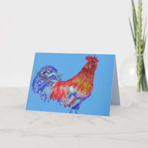 Roter blauer Hahn Huhn Vogel Aquarellkarte Karte
