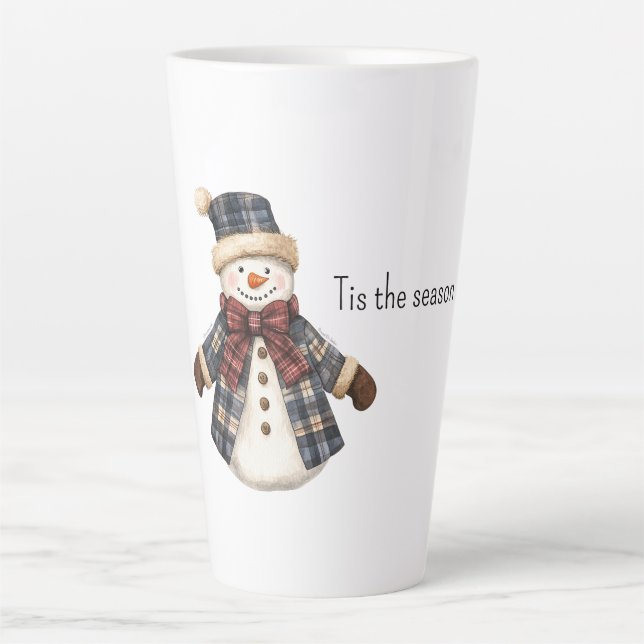 Roter blauer karierter Weihnachts-Schneemann Milchtasse (Vorderseite)