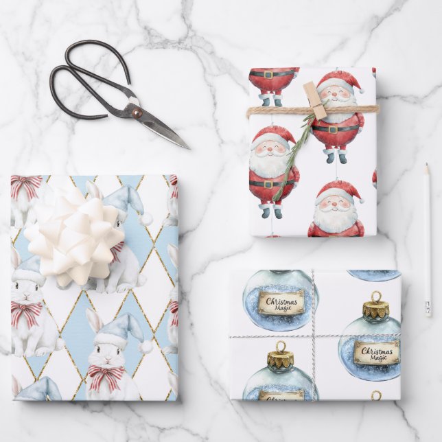 Roter blauer Weihnachtszauber Santa Hase Kaninchen Geschenkpapier Set (Vorderseite)