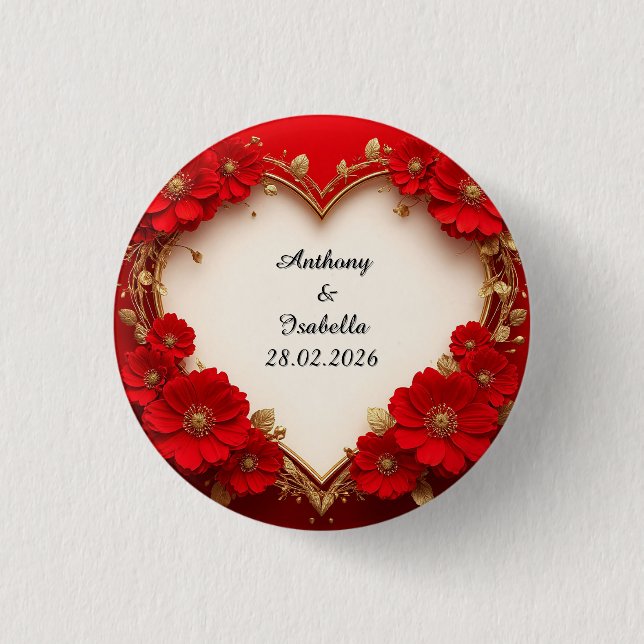 Roter Blumenrahmen in Herzform mit Glitzer Button (Vorderseite)