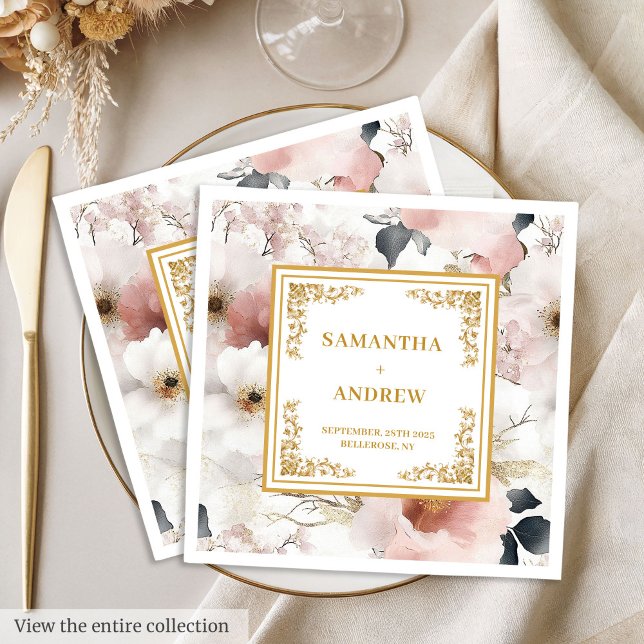 Roter Blumenstrauß Elfenbein Aquarell Hochzeitsnap Serviette (Floral blush ivory gold watercolor wedding napkins)