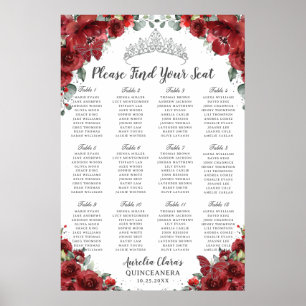 Roter Blumiger Silber-Quinceañera-Sitzplan Mis 15 Poster