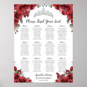 Roter Blumiger Sitzplan für Quinceañera in Silber Poster
