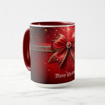 Roter Bogen mit Perlen und Juwelen Feiertags-Tasse