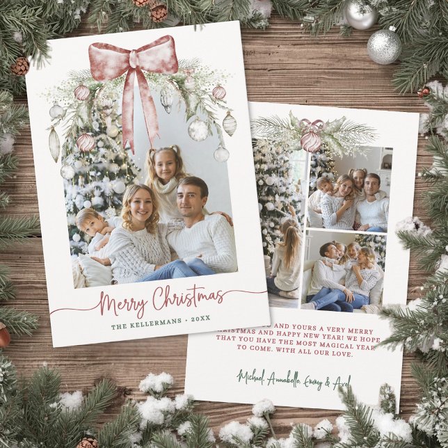Roter Bogen Wasserfarbe Grün Foto Weihnachten (Red Bow Watercolor Greenery Photo Christmas Holiday Card )