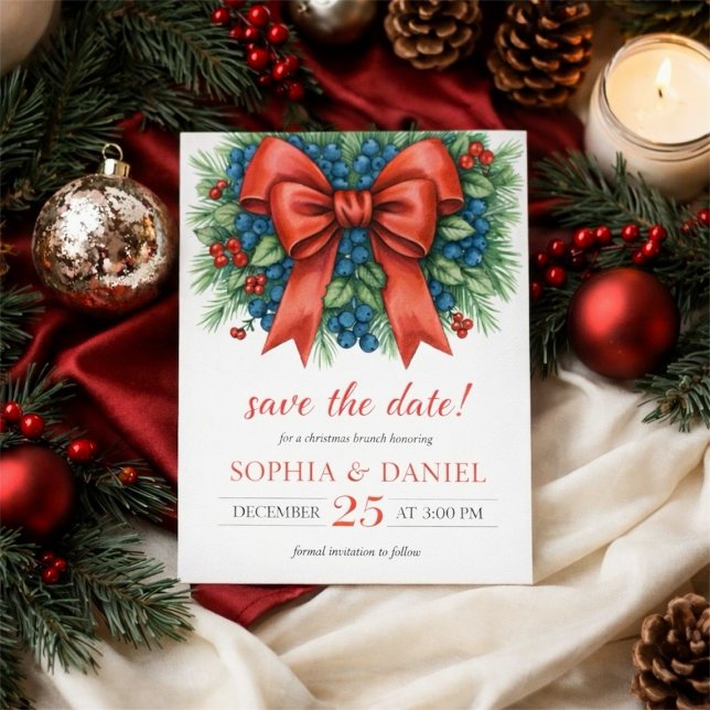 Roter Bogen Wasserfarbe Weihnachtsbrunch Save The Date (Red Bow Watercolor Christmas Brunch Save The Date)