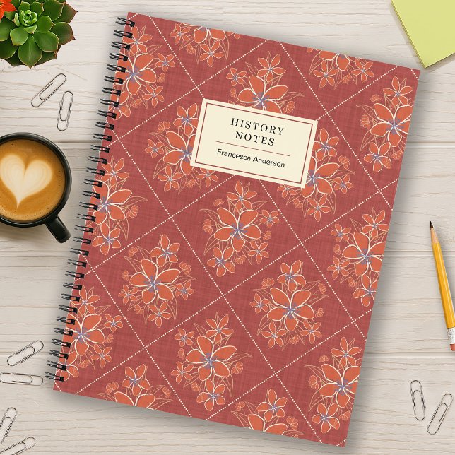 Roter Boho-Chic-Leinen-Textur-Blumen-College-Benut Notizbuch (Von Creator hochgeladen)