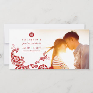 Roter Boho Pfau Chinesischer Doppelglücksfoto Save The Date