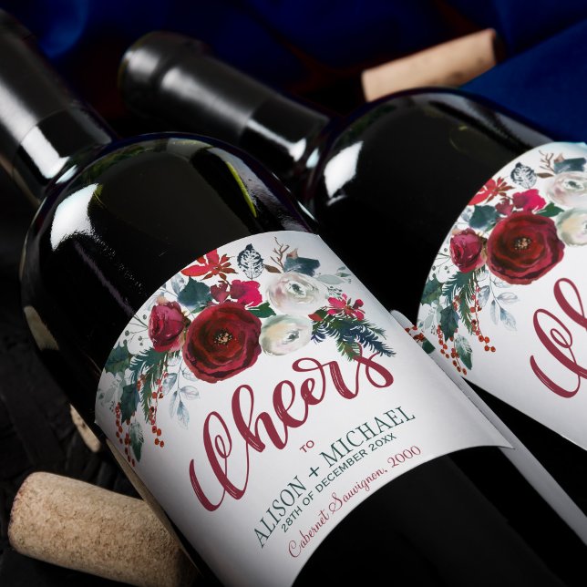 Roter Bordeaux-Blumenstrauß jubelt Hochzeit Weinetikett (Von Creator hochgeladen)