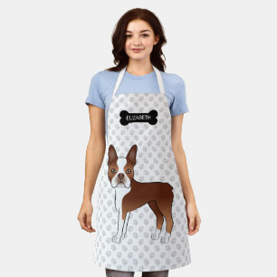 Roter Boston-Terrier-Cartoon-Hund mit Knochen und  Schürze