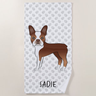 Roter Boston Terrier Cartoon-Hund & personalisiert Strandtuch