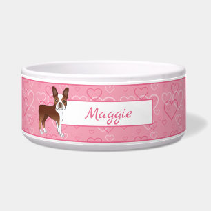 Roter Boston Terrier Hund auf rosa Herzen und Name Napf