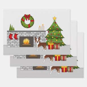 Roter Boston Terrier in einem festlichen Weihnacht Geschenkpapier Set