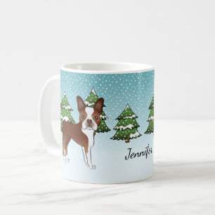 Roter Boston Terrier in einem Winterwald & Name Kaffeetasse