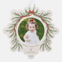 Roter Bow Foto Pine Garland Ornament Karte