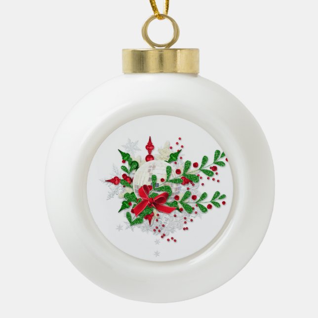 Roter Bow und Holly Keramik Kugel-Ornament (Vorderseite)