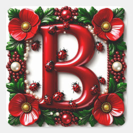 🐞 Roter Buchstabe B Marienkäfer Mohn Perlen  Quadratischer Aufkleber