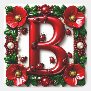 🐞 Roter Buchstabe B Marienkäfer Mohn Perlen  Quadratischer Aufkleber