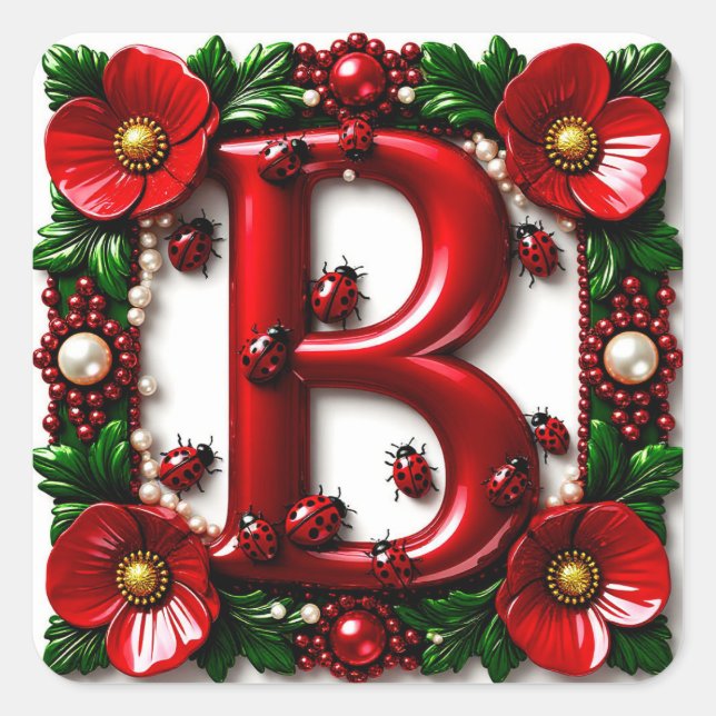 🐞 Roter Buchstabe B Marienkäfer Mohn Perlen  Quadratischer Aufkleber (Vorderseite)