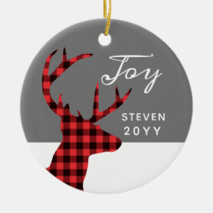 Roter Buffalo Karo Hirsche Personalisiertes Jahr M Keramik Ornament