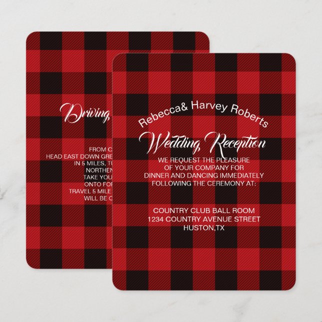 Roter Büffel kariert rustikale Winterhochzeit Empf Einladung (Vorne/Hinten)