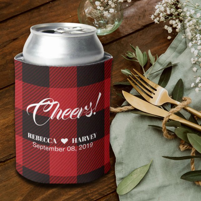 Roter Büffel karierte rustikale Winterhochzeit Dosenkühler (red buffalo plaid rustic winter wedding can cooler)