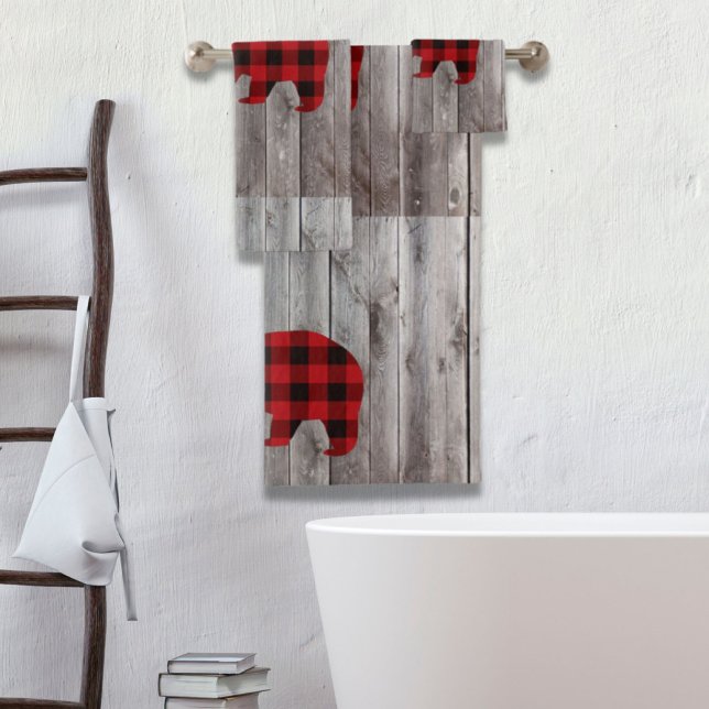 Roter Büffel karierter Bär aus rustikalem Wald Badhandtuch Set (rustic woodland barn wood red buffalo plaid bear bath towel set)
