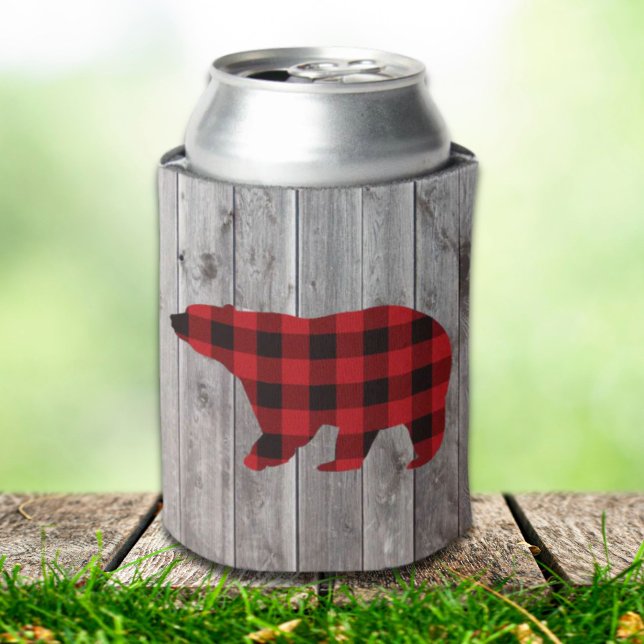 Roter Büffel karierter Bär aus rustikalem Wald Dosenkühler (rustic woodland barn wood red buffalo plaid bear can cooler)