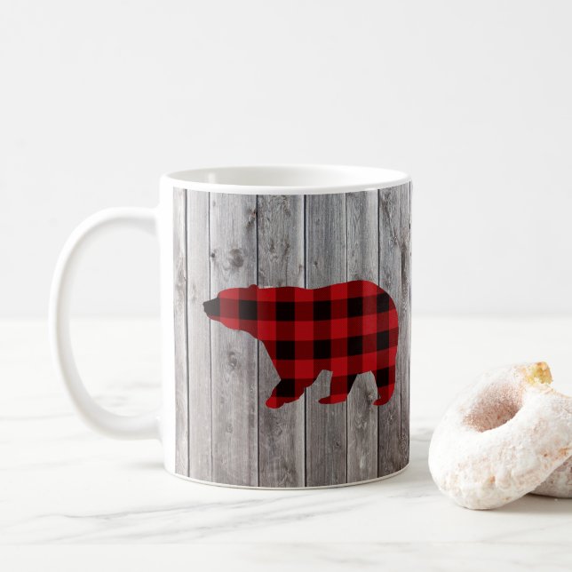 Roter Büffel karierter Bär aus rustikalem Wald Kaffeetasse (Mit Donut)