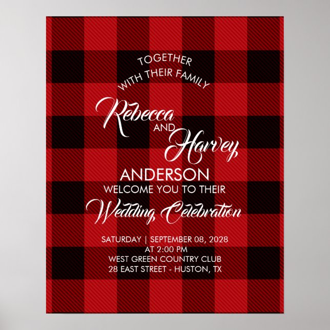 Roter Büffel karierter rustikaler Winterhochzeitse Poster (Vorne)
