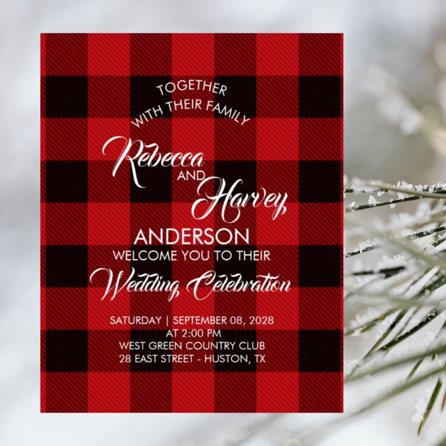Roter Büffel karierter rustikaler Winterhochzeitse Poster (red buffalo plaid rustic winter wedding welcome poster)