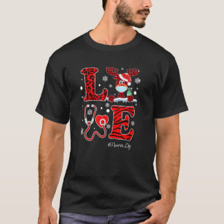 Roter Büffel-Karo-Liebe-Stethoskop-Rentier-Kranken T-Shirt
