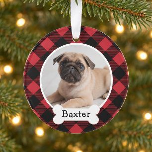 Roter Büffel-Karo Weihnachts-Hundefoto-Name Ornament